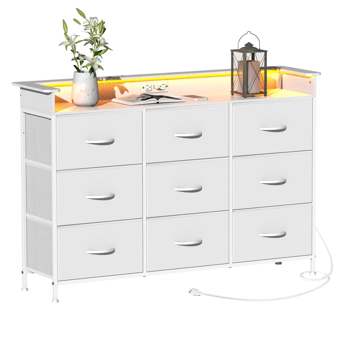 White 9 Drawer Dresser with LED Light and Charging Station T1698