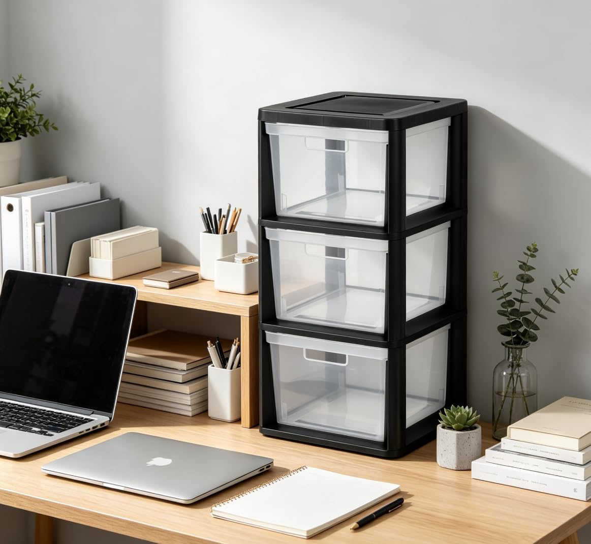 Black 3 Drawer Plastic Storage Tower with Clear Bins P69119