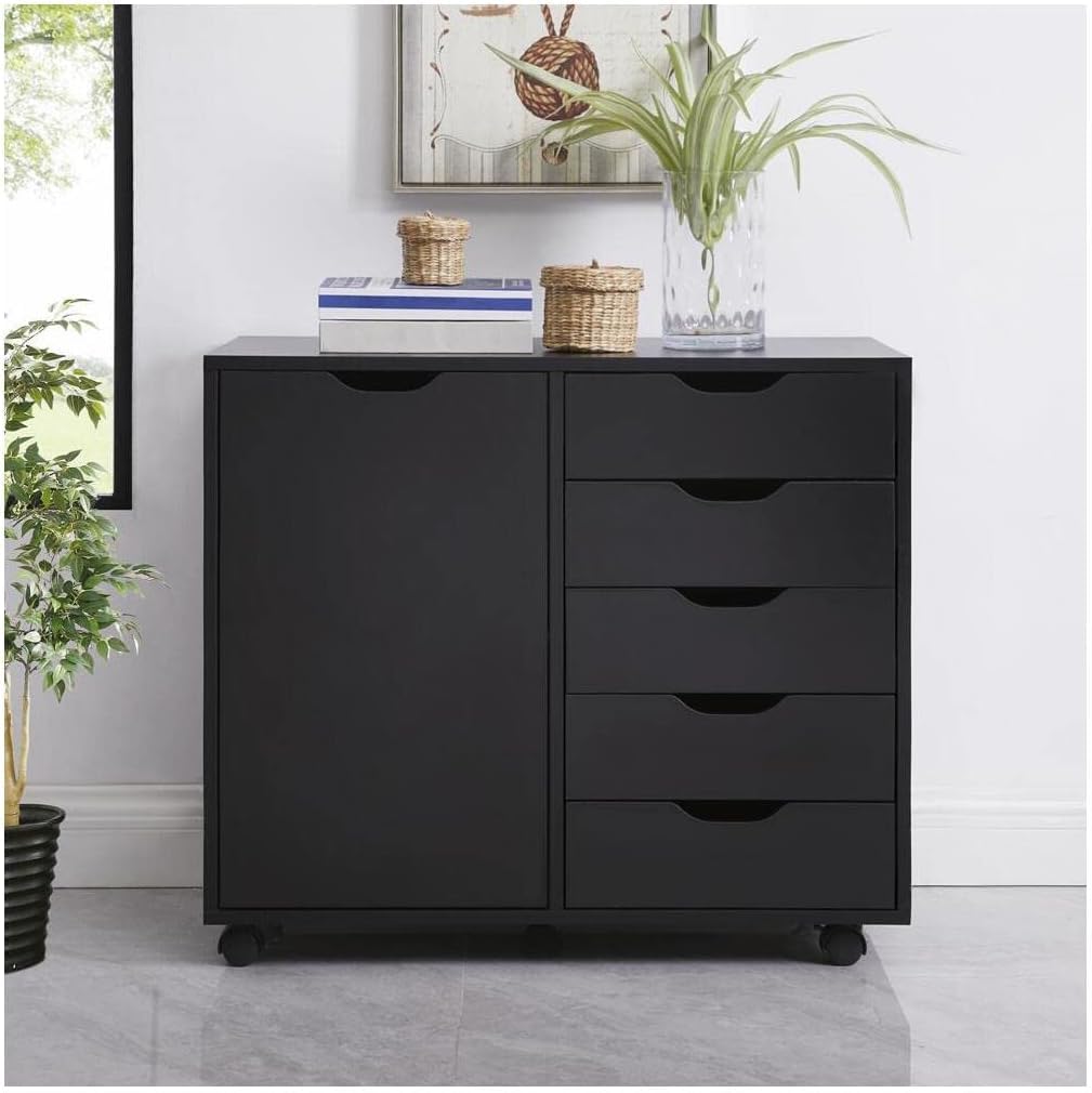 Black 5 Drawer Wood Storage Cabinet with Wheels V44770