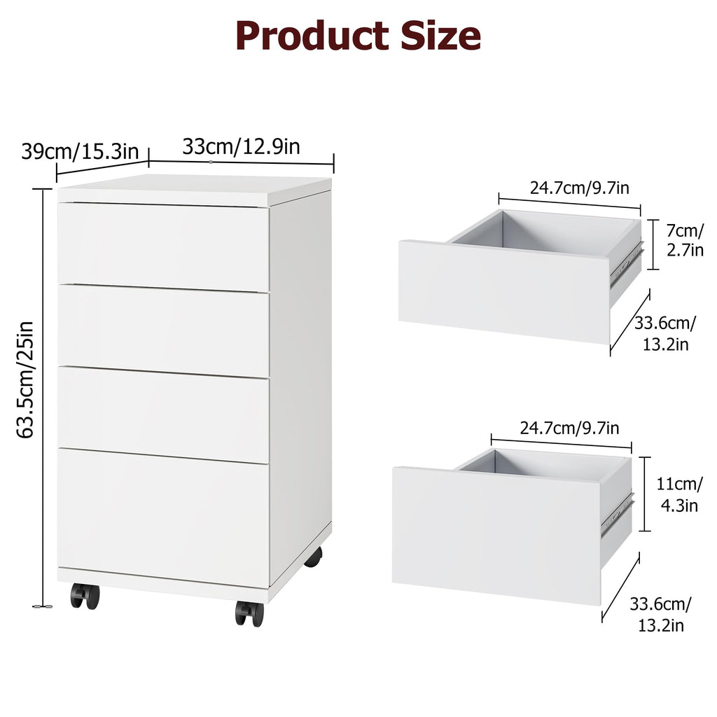 White 4 Drawer Wood Storage Cabinet with Wheels F74508