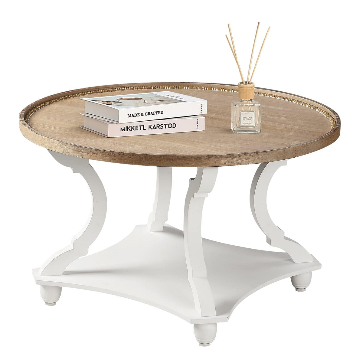 Farmhouse Round Coffee Table with Storage Shelf N1824