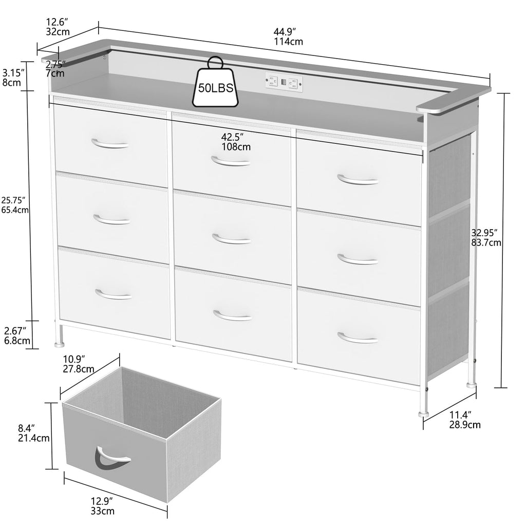 White 9 Drawer Dresser with LED Light and Charging Station T1698
