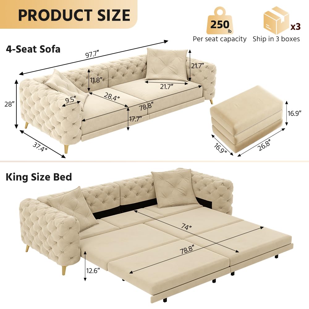 98" King Size Velvet Convertible Sofa Bed with Ottoman D18767