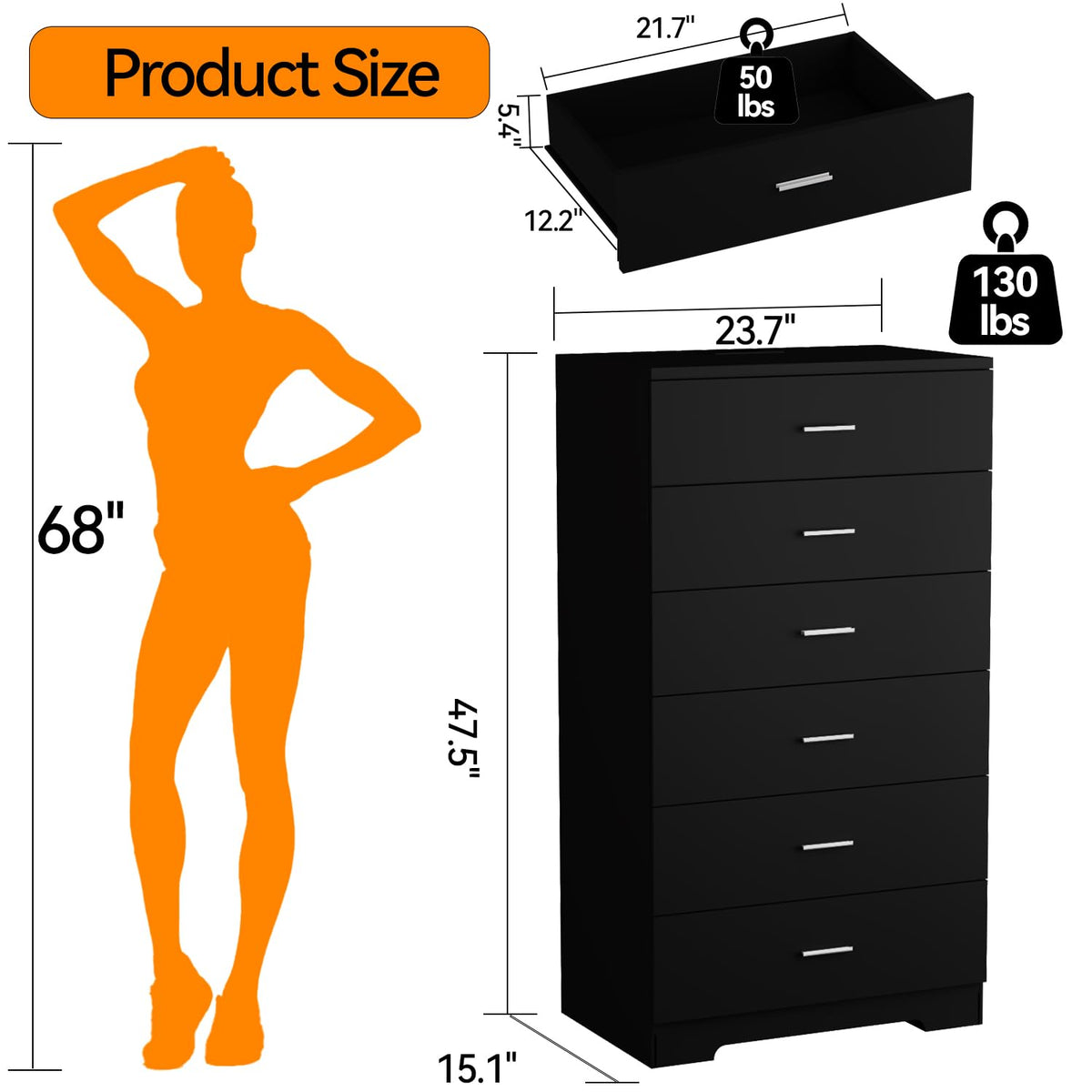 Black 6 Drawer Wood Dresser with Power Outlets U68372