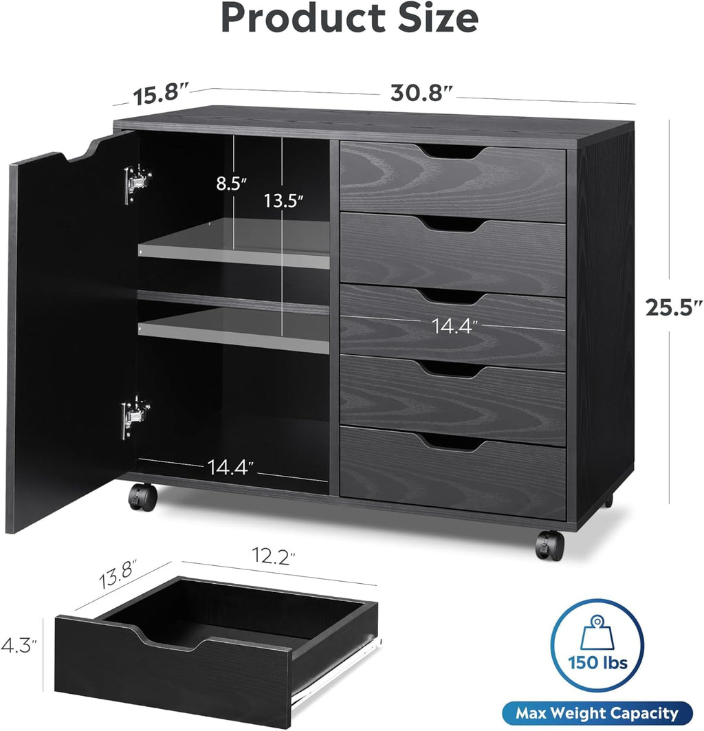 Black 5 Drawer Wood Storage Cabinet with Wheels V44770
