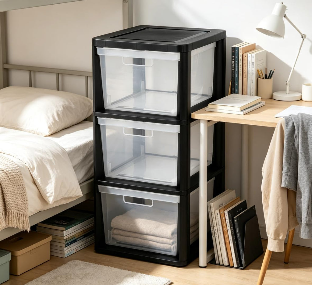 Black 3 Drawer Plastic Storage Tower with Clear Bins P69119