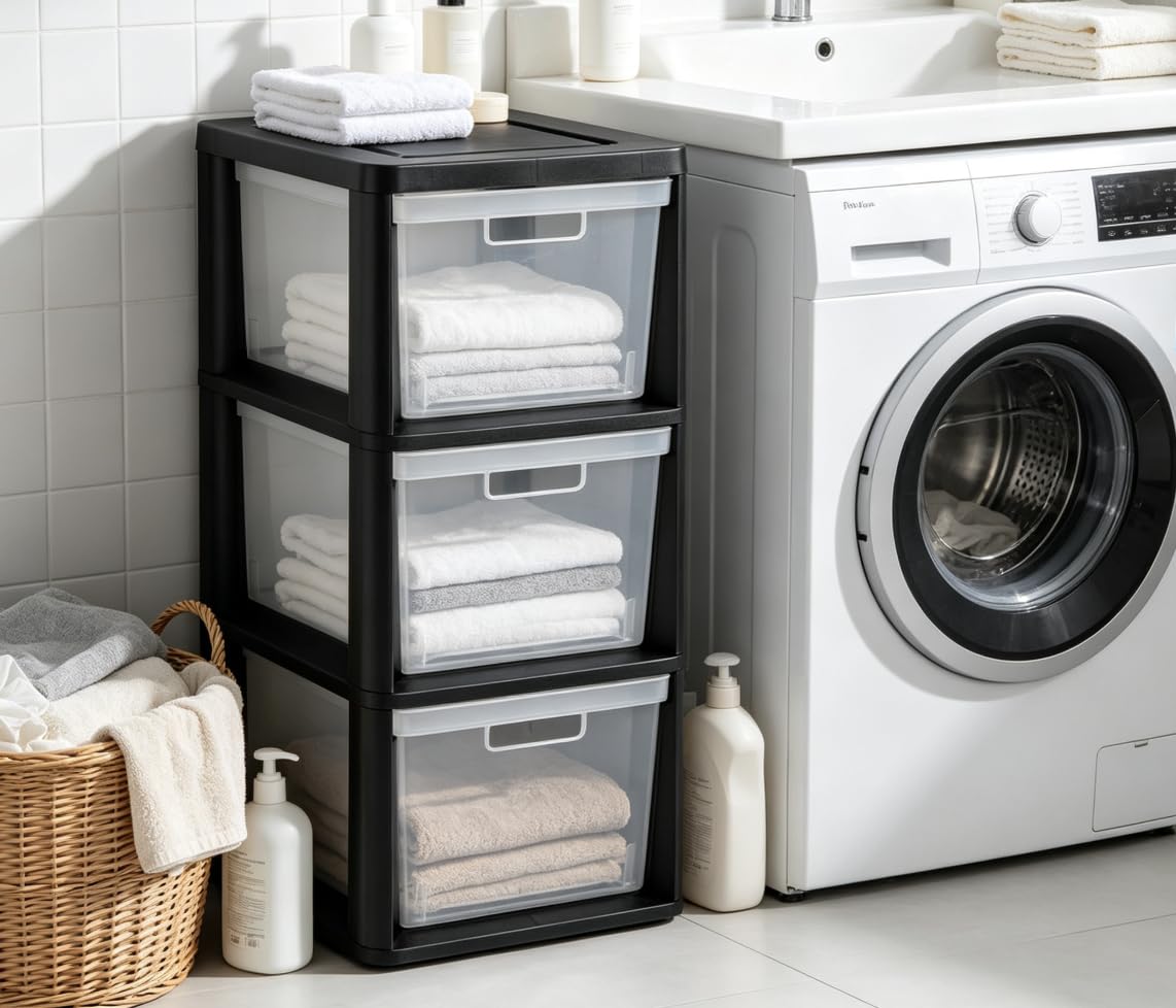Black 3 Drawer Plastic Storage Tower with Clear Bins P69119
