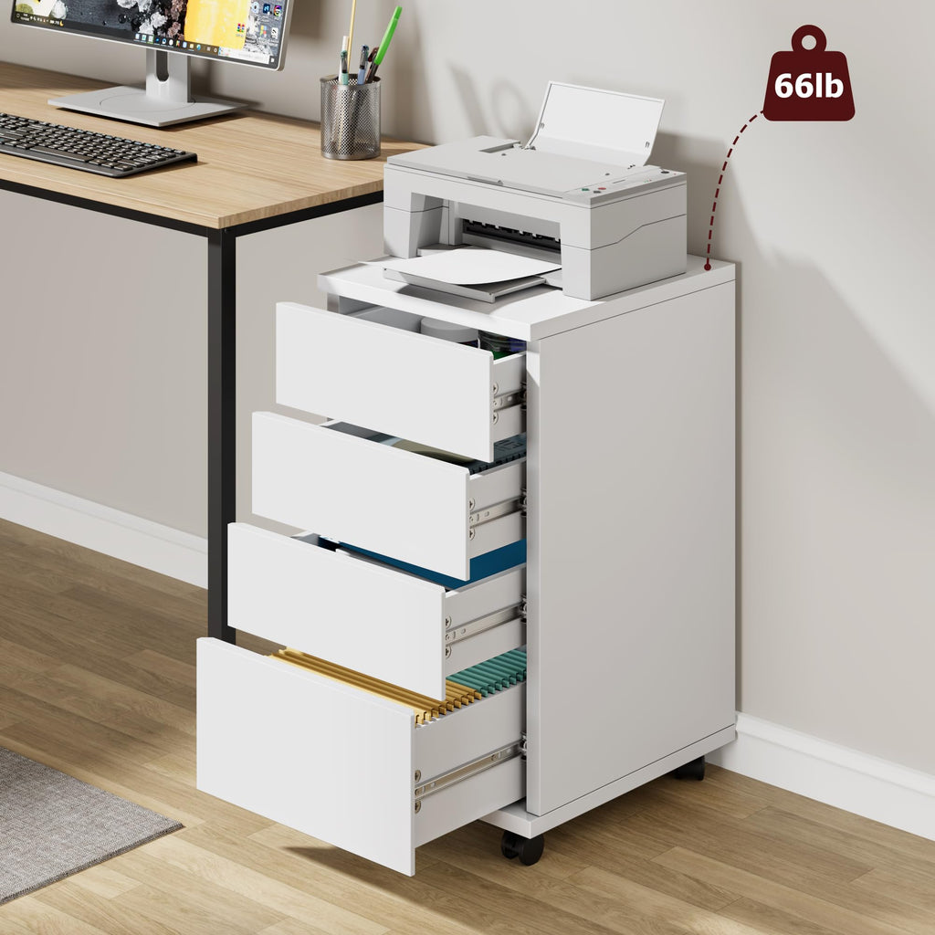 White 4 Drawer Wood Storage Cabinet with Wheels F74508