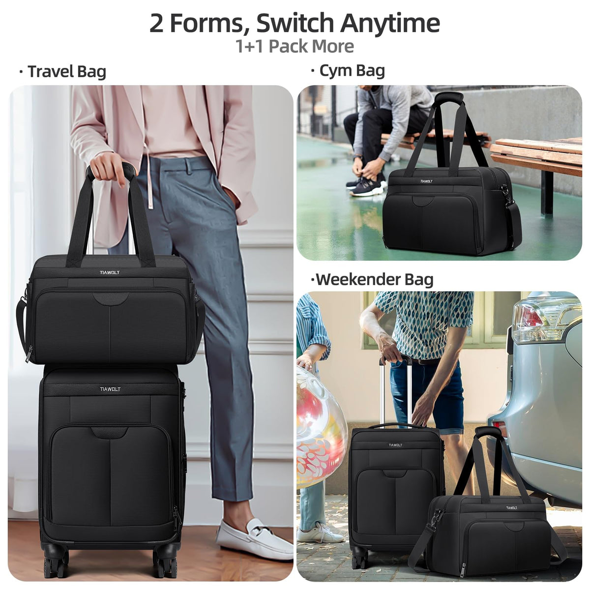 Black Expandable Carry-On Luggage Duffel Bag with Adjustable Strap Z534519