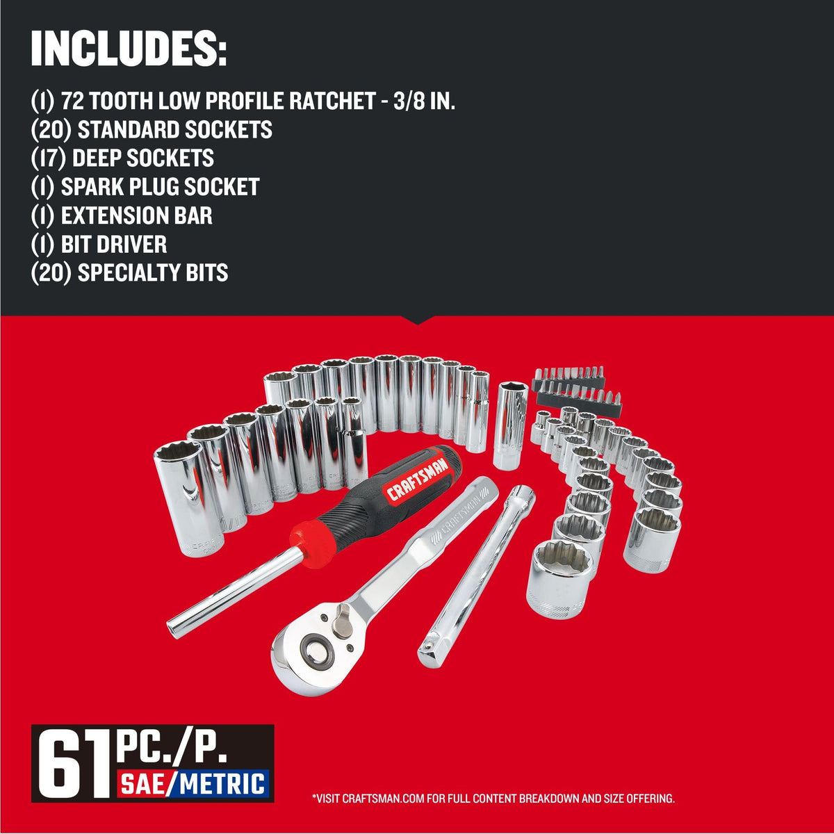 Mechanics Tool Set, 3/8 Inch Drive, 61 Piece Y488