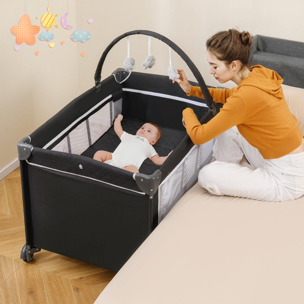 4 in 1 Folding Playpen with Bassinet and Carry Bag B450892