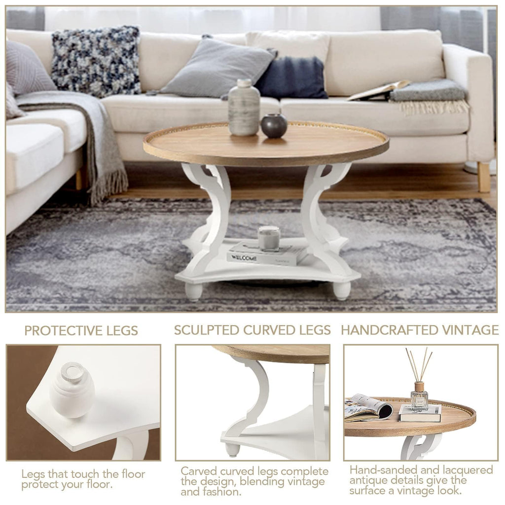 Farmhouse Round Coffee Table with Storage Shelf N1824