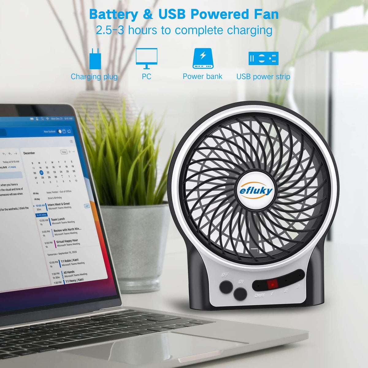 4.9-Inch Mini Desk Fan, 3 Speeds, Rechargeable USB Powered with LED Light, Black C849354