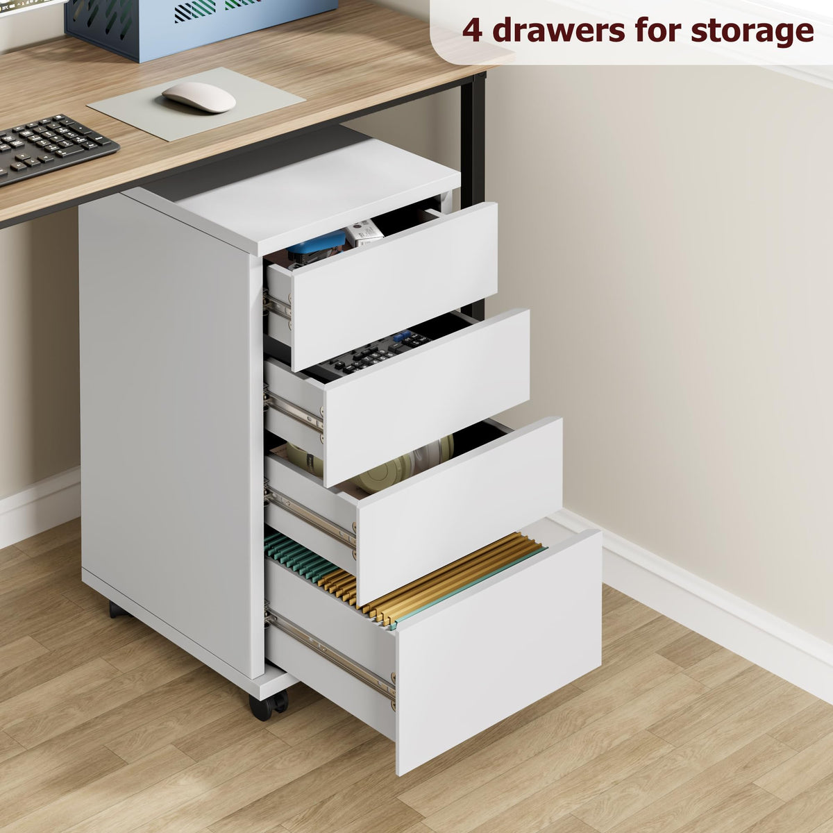 White 4 Drawer Wood Storage Cabinet with Wheels F74508