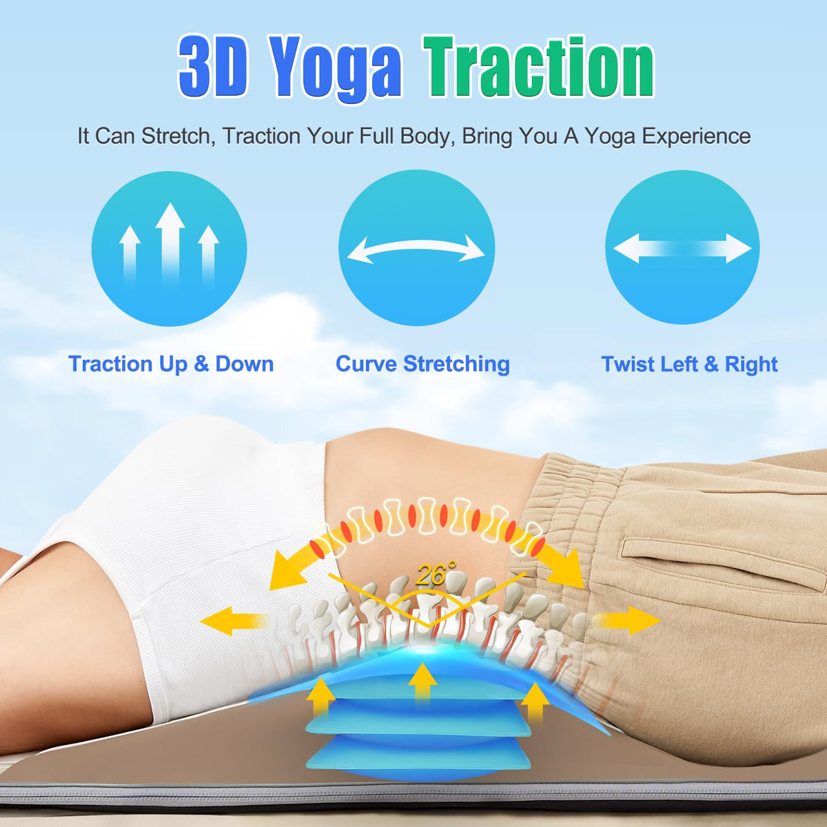 Full Body Massage Mat with Airbags Stretching & Heating, 3D Lumbar Traction, 4 Modes 3 Intensities 3 Heat Levels, PU Leather, Portable & Foldable P7621