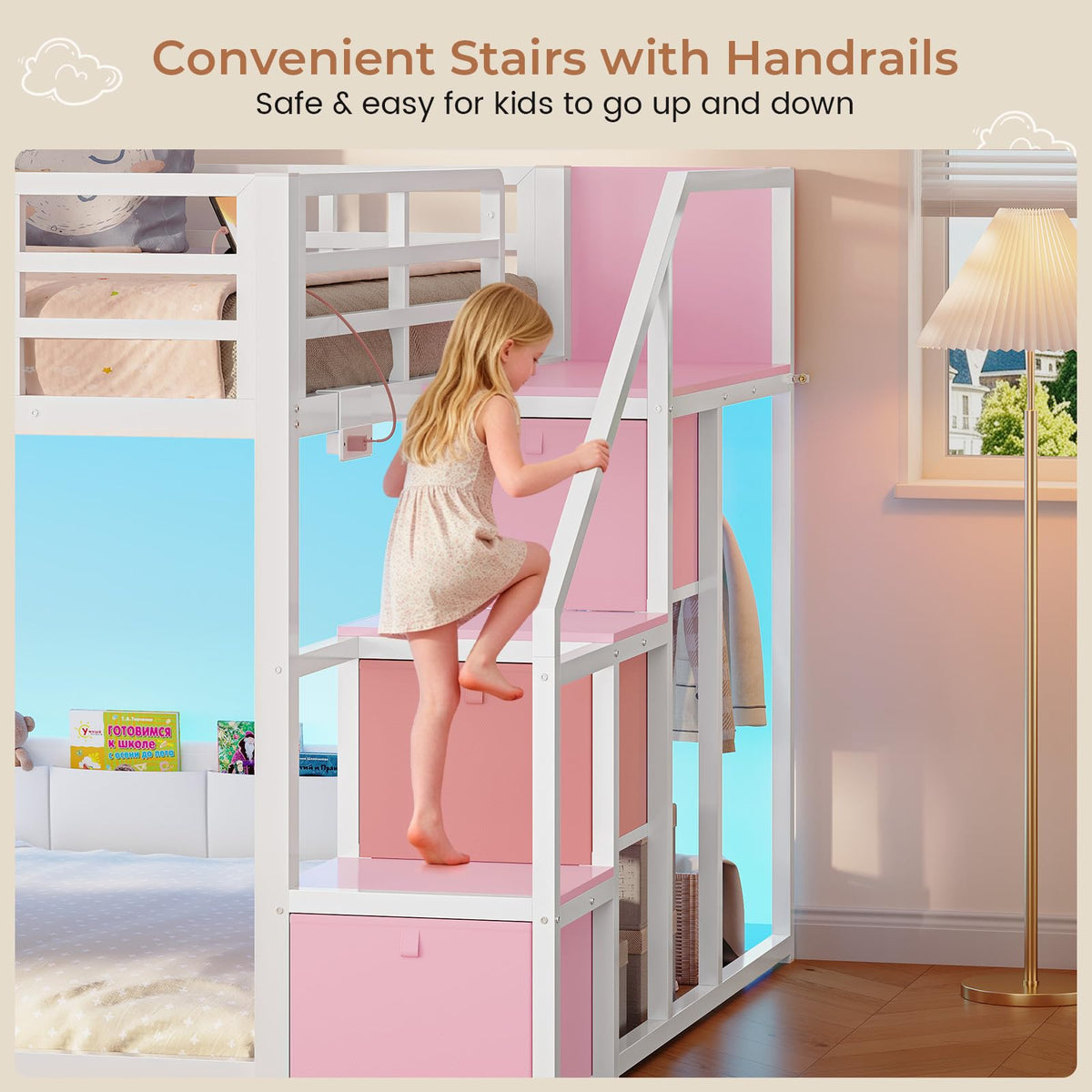 Full Over Full Bunk Bed with Storage Stairs and Drawers, White & Pink I180672