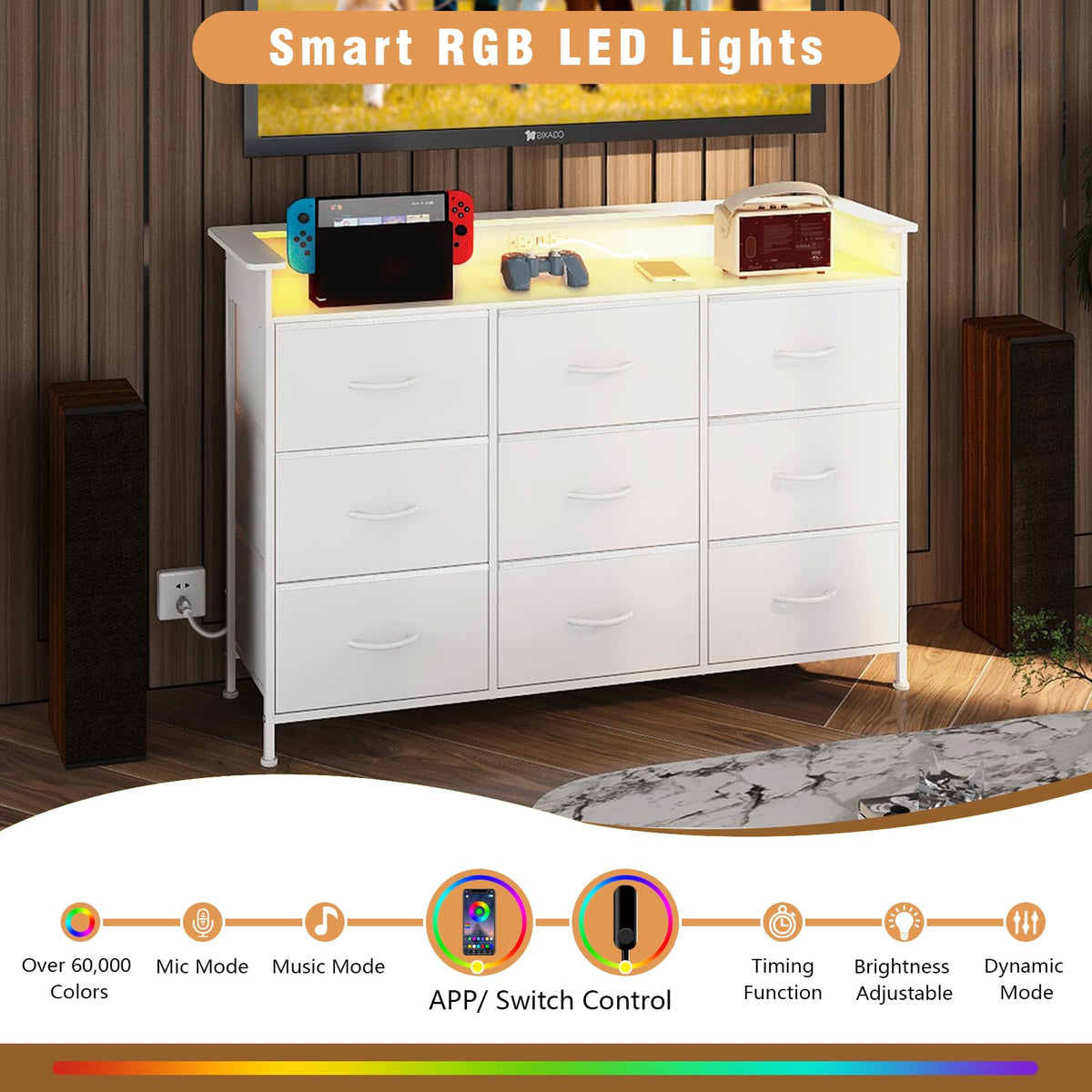 White 9 Drawer Dresser with LED Light and Charging Station T1698