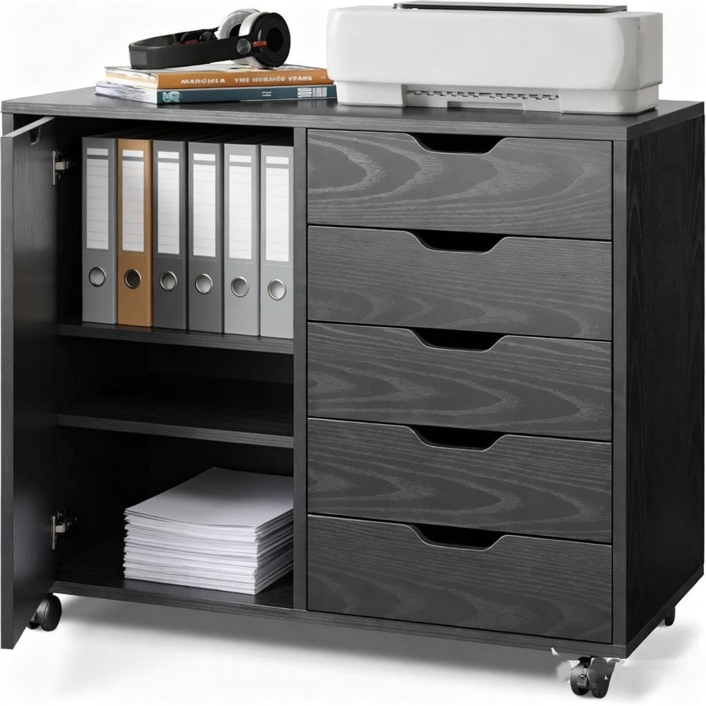 Black 5 Drawer Wood Storage Cabinet with Wheels V44770