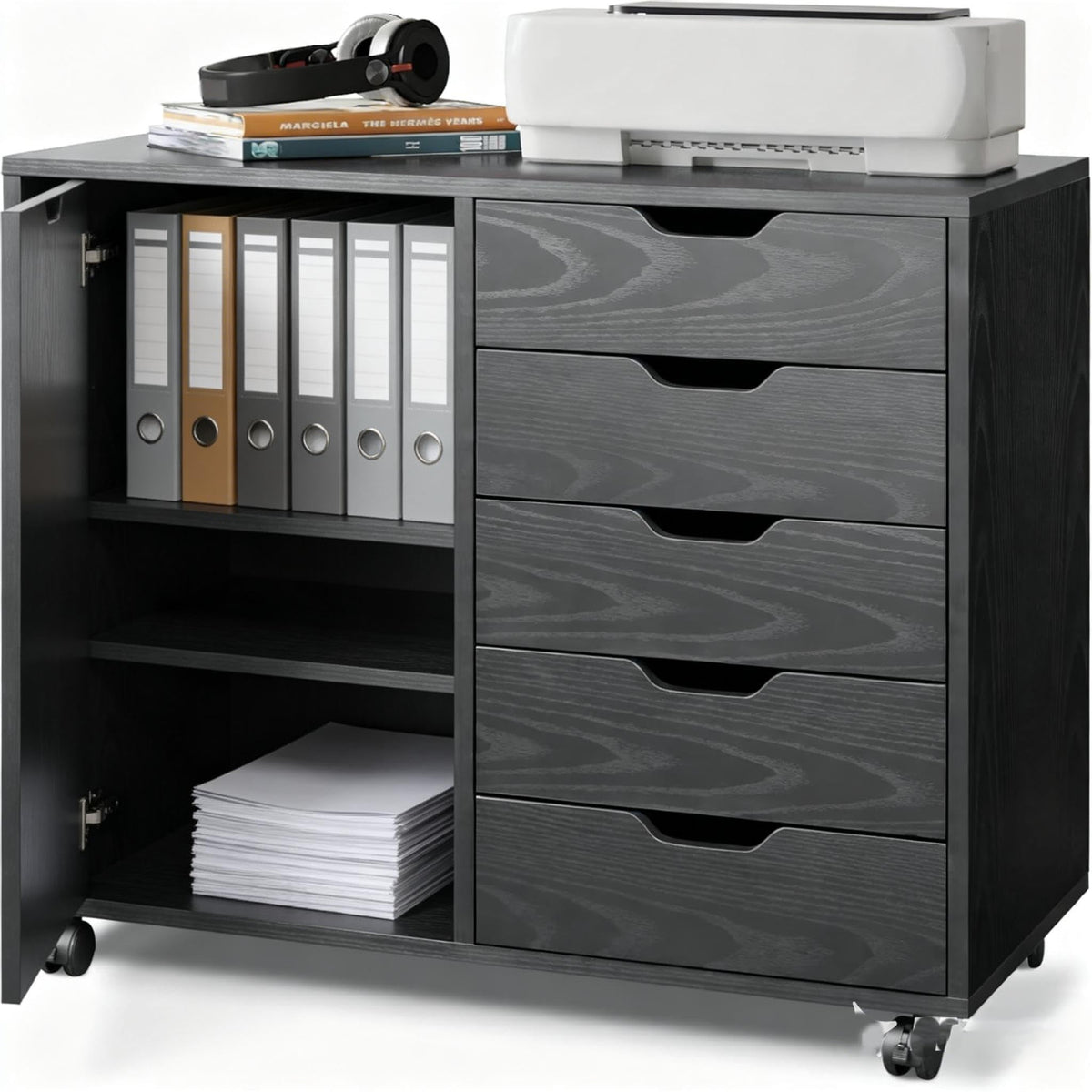 Black 5 Drawer Wood Storage Cabinet with Wheels V44770