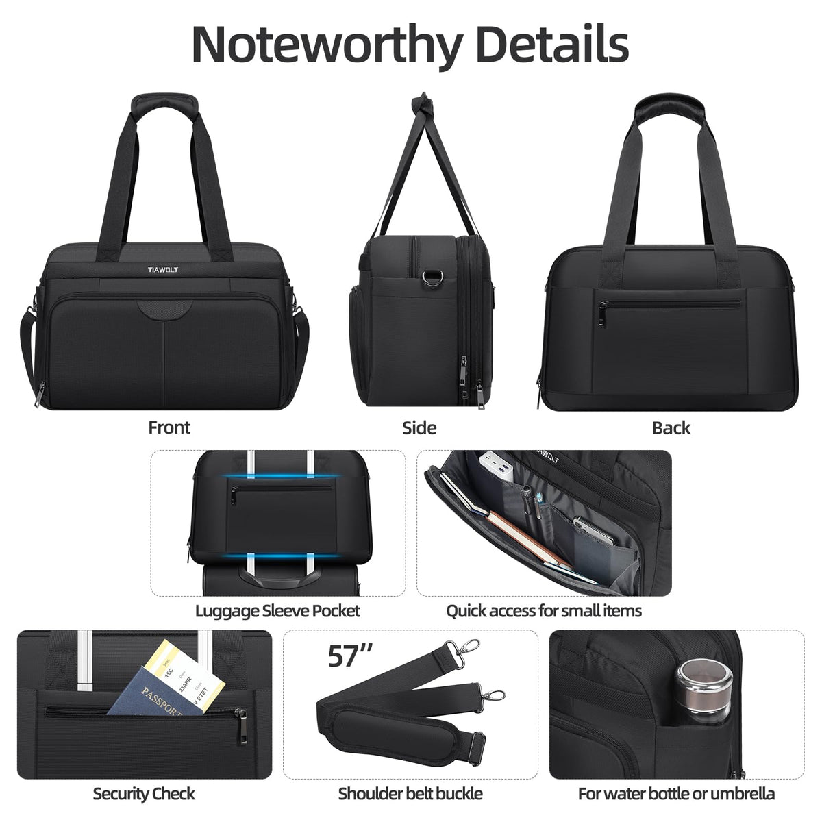 Black Expandable Carry-On Luggage Duffel Bag with Adjustable Strap Z534519