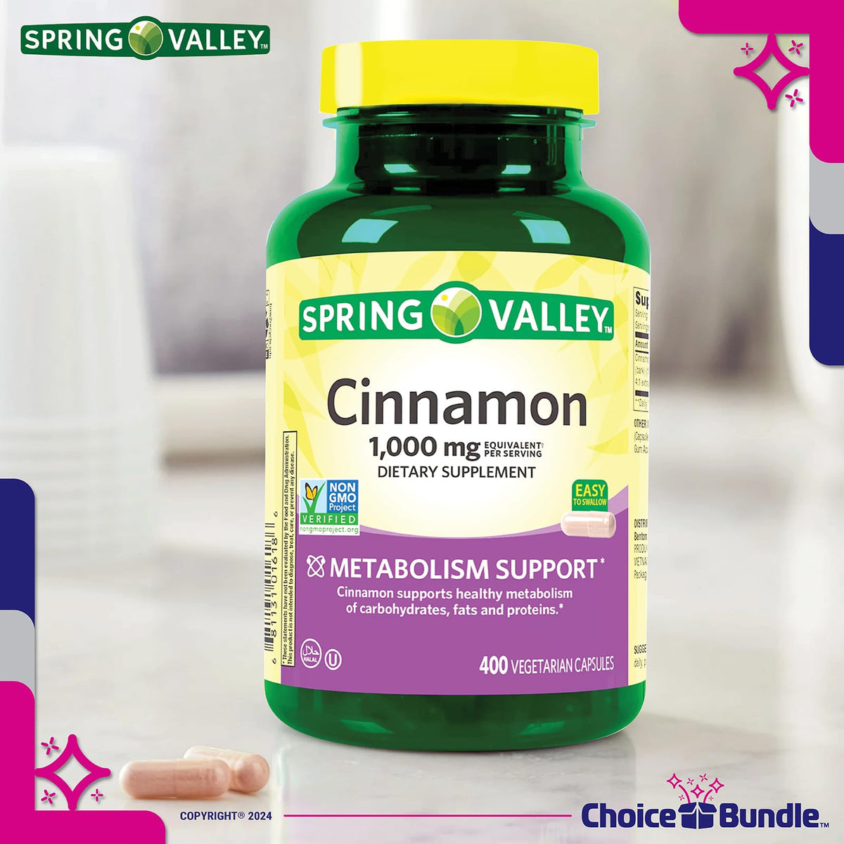 Cinnamon Supplement 1000mg 400 ct Vegetarian Capsules J143