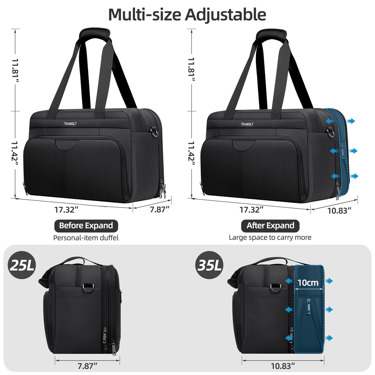 Black Expandable Carry-On Luggage Duffel Bag with Adjustable Strap Z534519