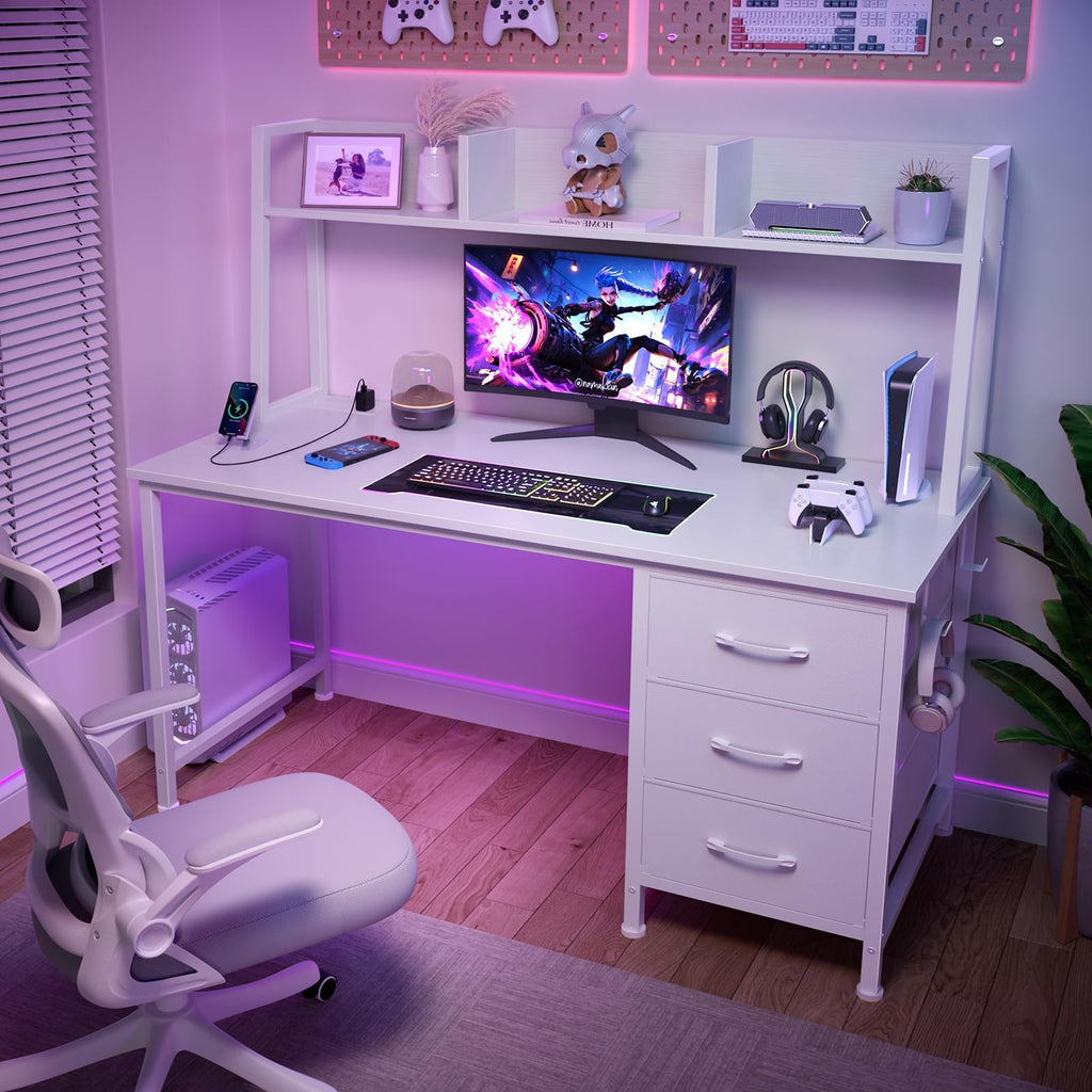 White Computer Desk with Hutch & Drawers 47 Inch C41535