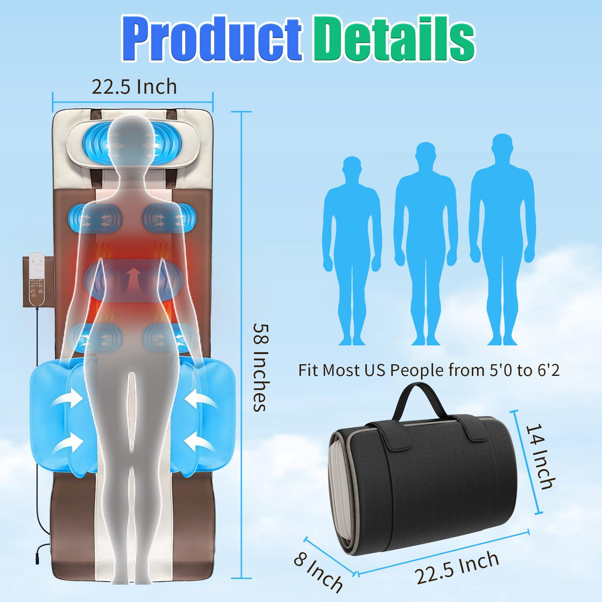 Full Body Massage Mat with Airbags Stretching & Heating, 3D Lumbar Traction, 4 Modes 3 Intensities 3 Heat Levels, PU Leather, Portable & Foldable P7621