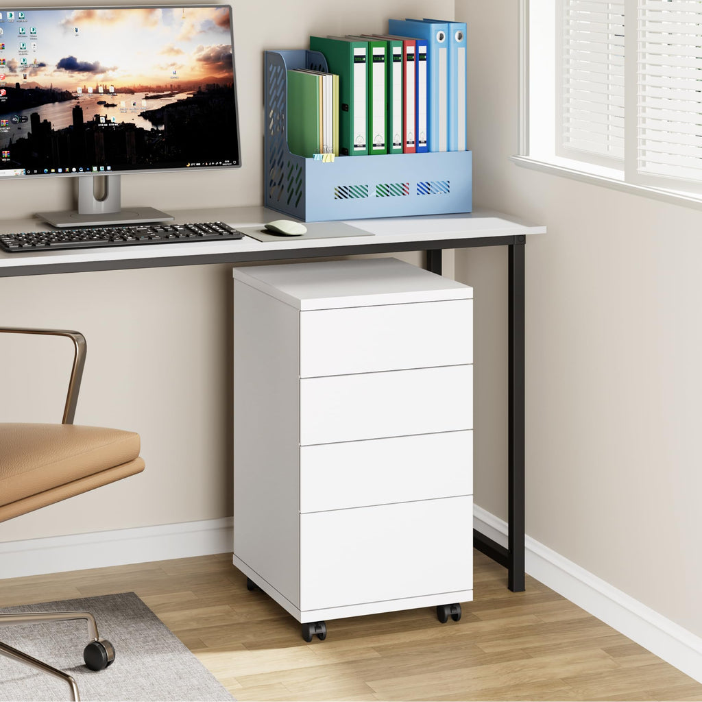 White 4 Drawer Wood Storage Cabinet with Wheels F74508