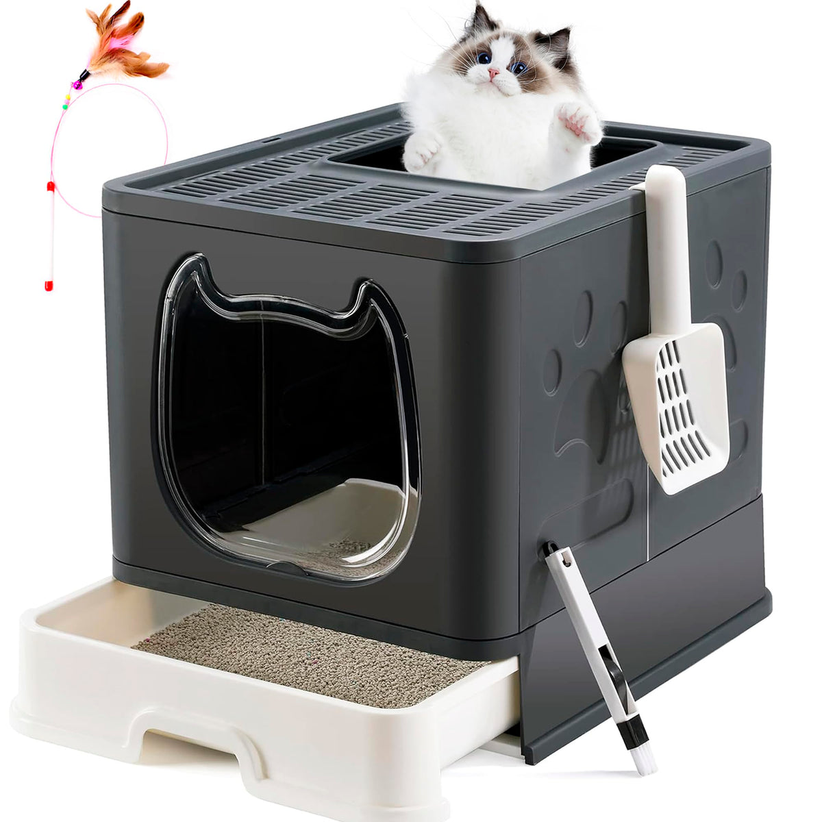 Top Entry Covered Cat Litter Box with Scoop and Brush A15629