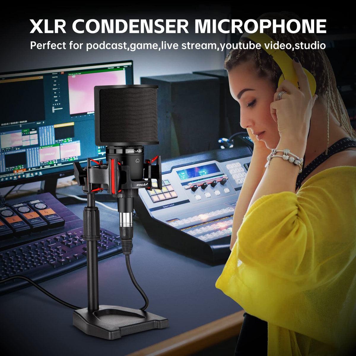 XLR Cardioid Condenser Podcast Microphone with Desktop Stand T435