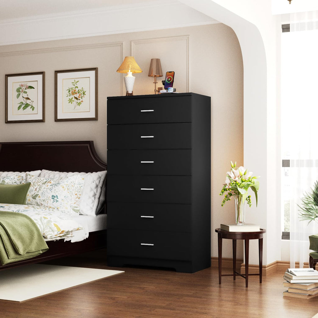 Black 6 Drawer Wood Dresser with Power Outlets U68372