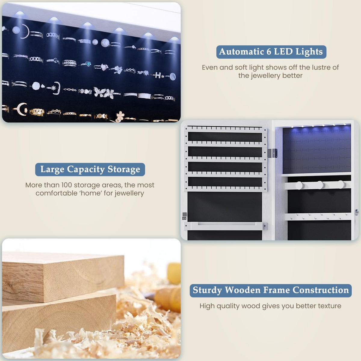 White 6 LEDs Mirror Jewelry Cabinet M784217