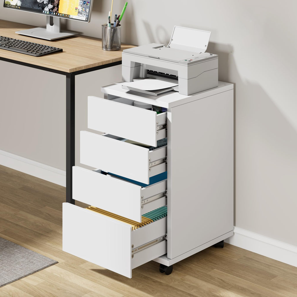 White 4 Drawer Wood Storage Cabinet with Wheels F74508