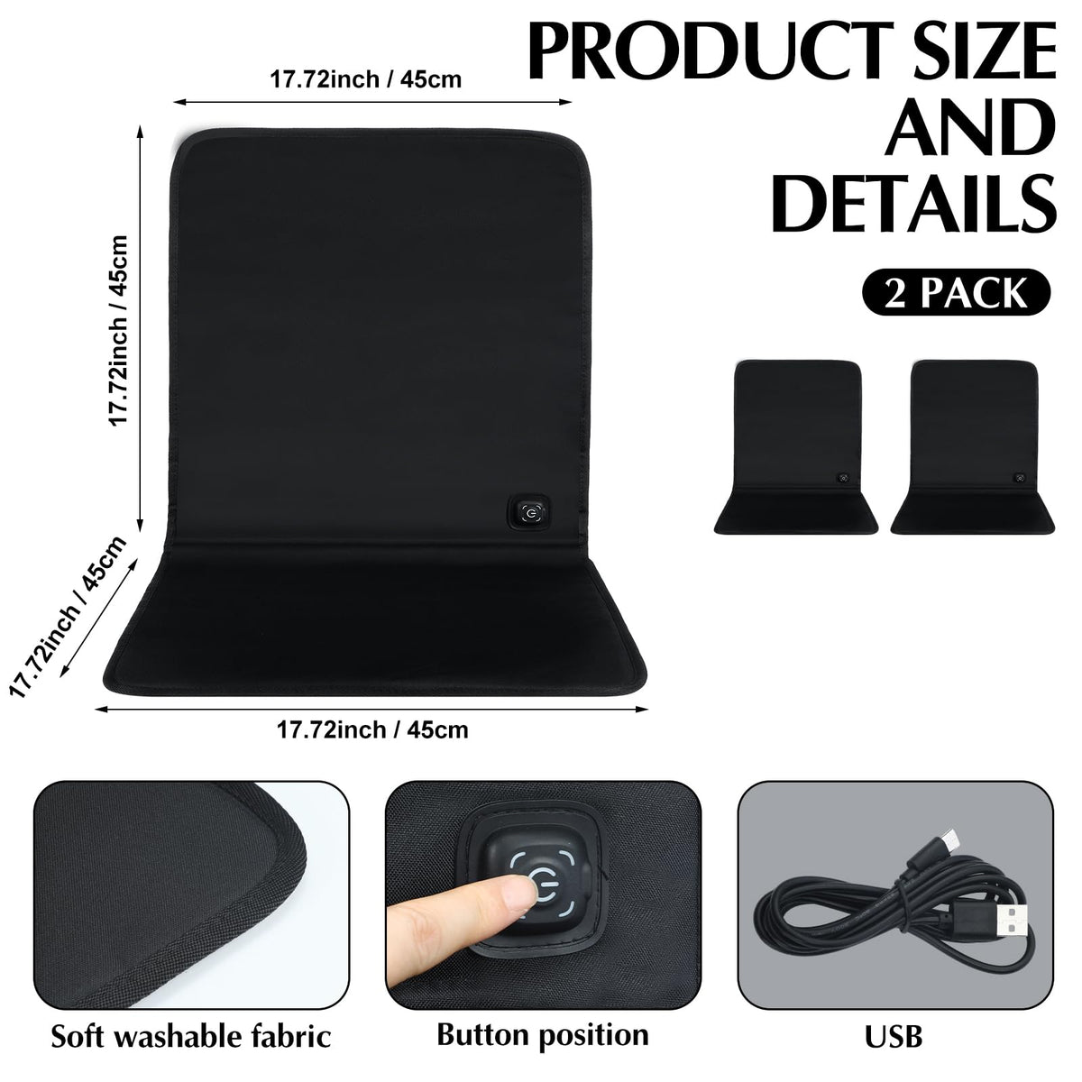 Black 2 Pcs USB Portable Heated Seat Cushion with Back Support M835244