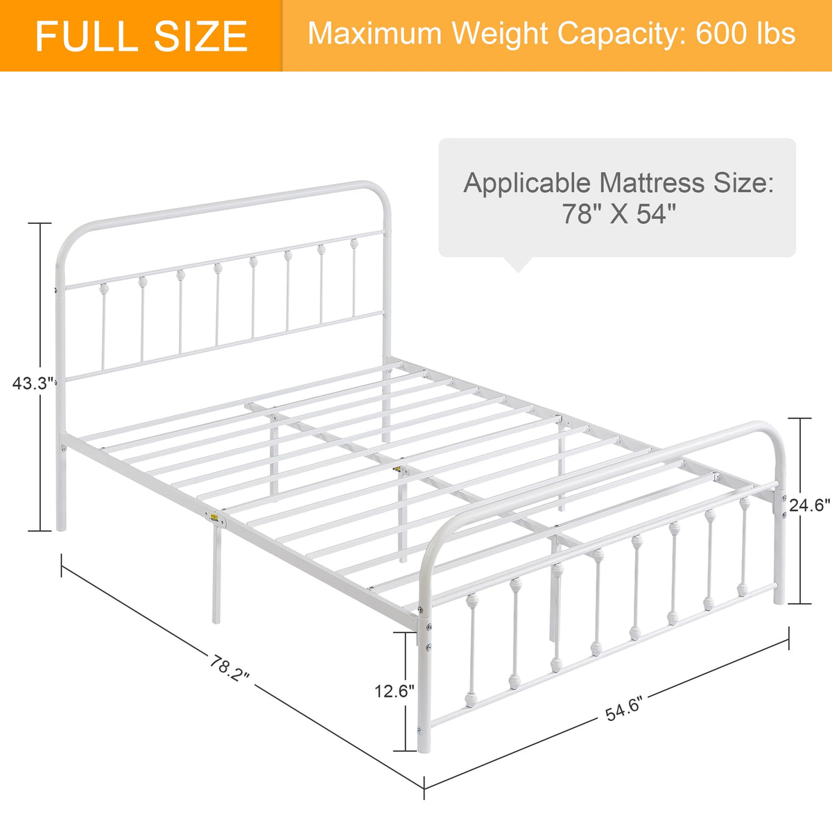 Full Size White Metal Bed Frame with Headboard N2779
