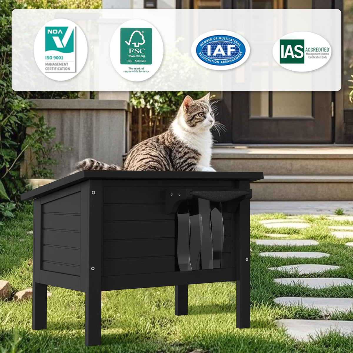 Weatherproof Insulated Solid Wood Outdoor Cat House G94023