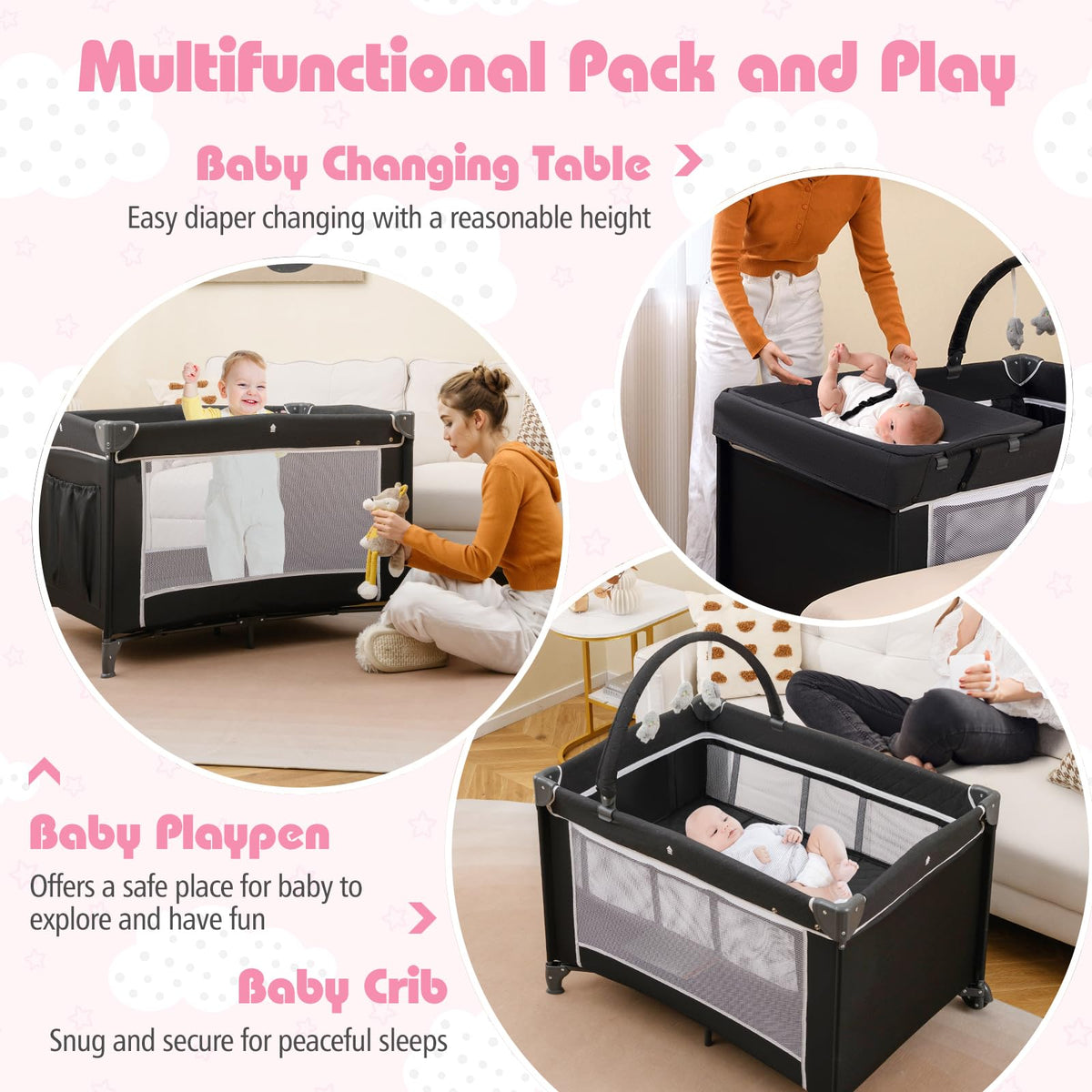 4 in 1 Folding Playpen with Bassinet and Carry Bag B450892