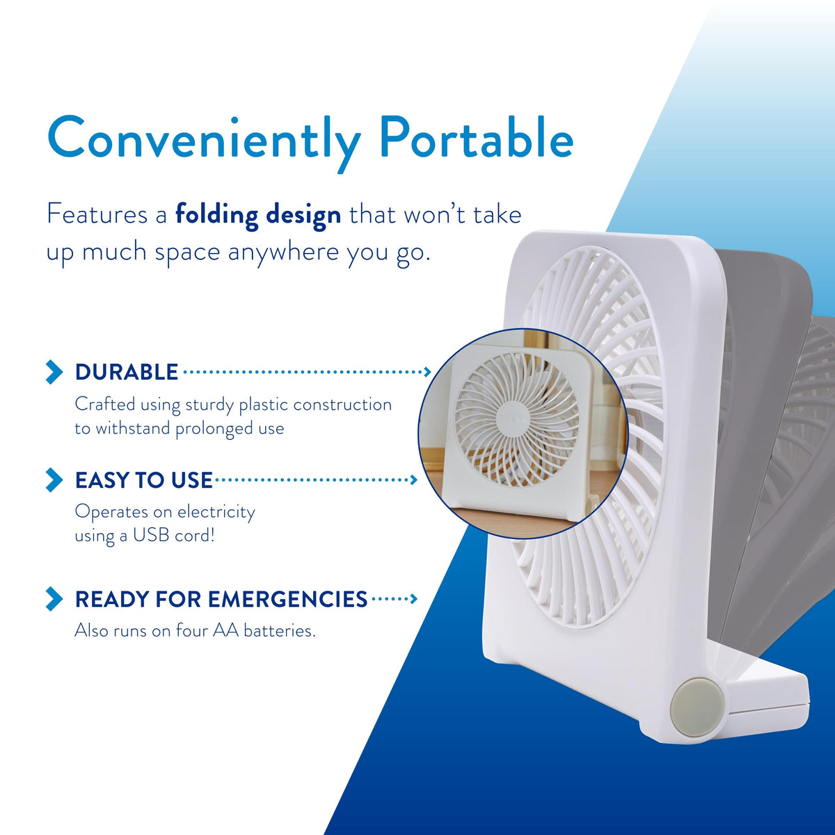 5 in USB Battery Powered Desk Fan Adjustable Tilt 2-Speed White J8730