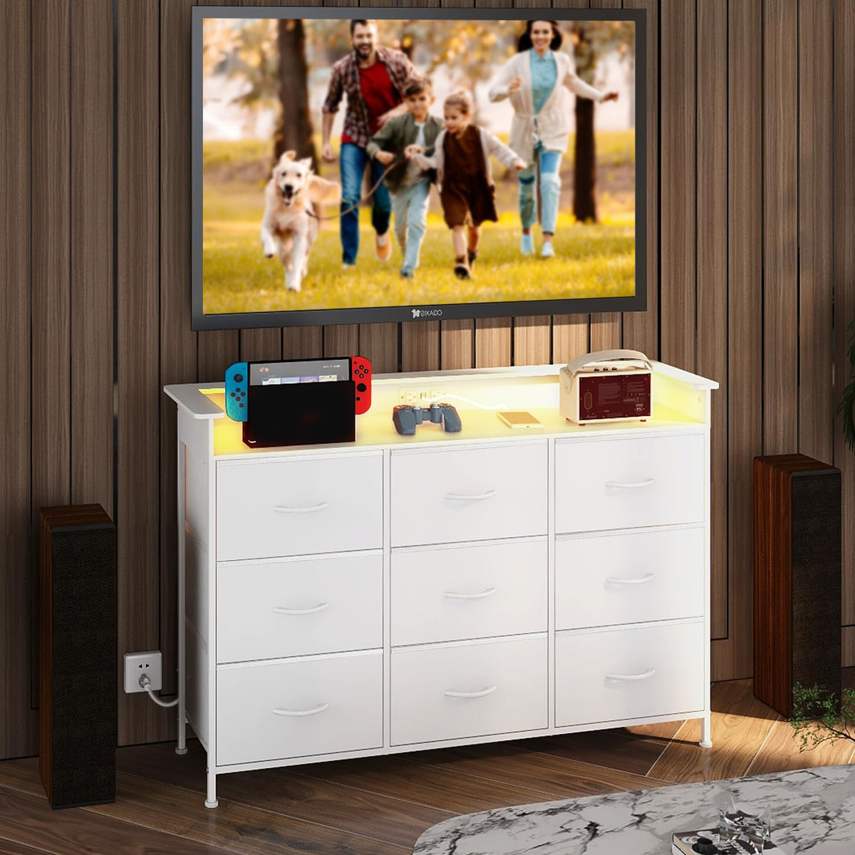 White 9 Drawer Dresser with LED Light and Charging Station T1698