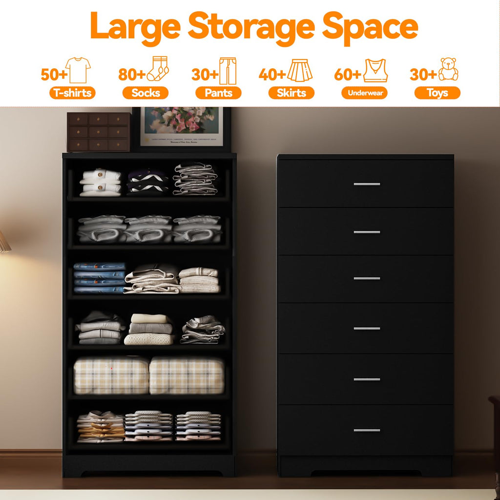 Black 6 Drawer Wood Dresser with Power Outlets U68372