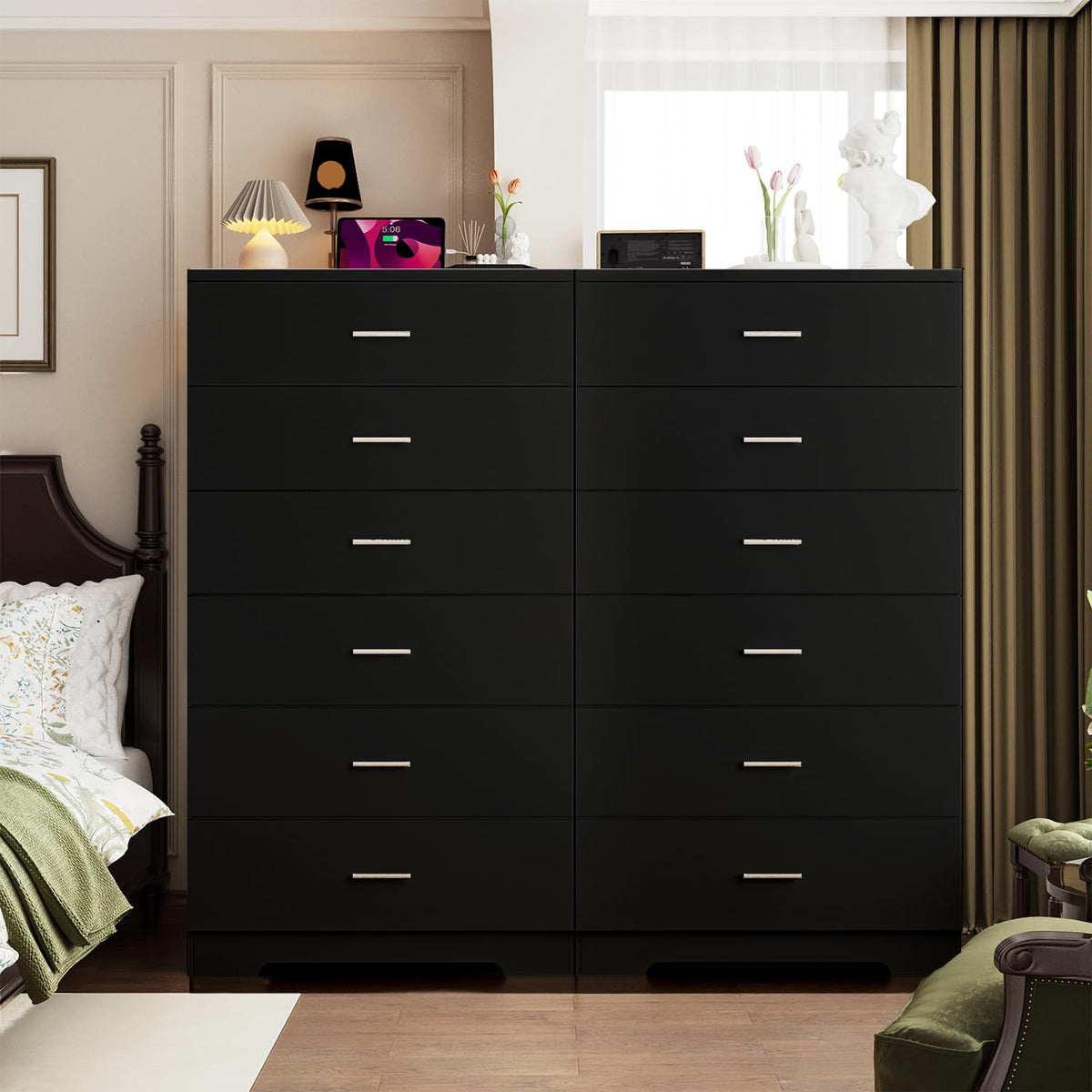 Black 6 Drawer Wood Dresser with Power Outlets U68372
