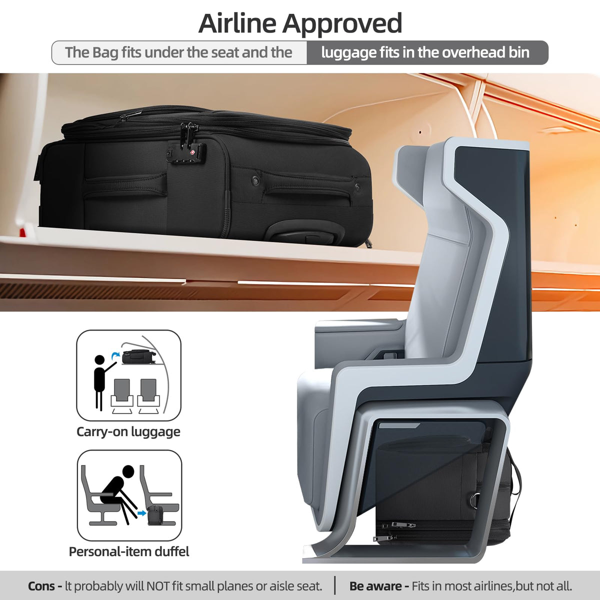 Black Expandable Carry-On Luggage Duffel Bag with Adjustable Strap Z534519