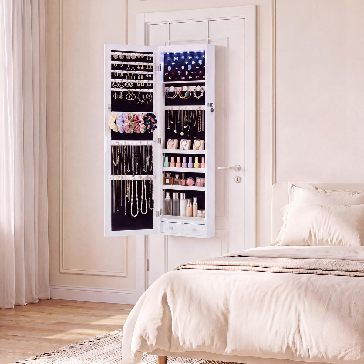 White 6 LEDs Mirror Jewelry Cabinet M784217