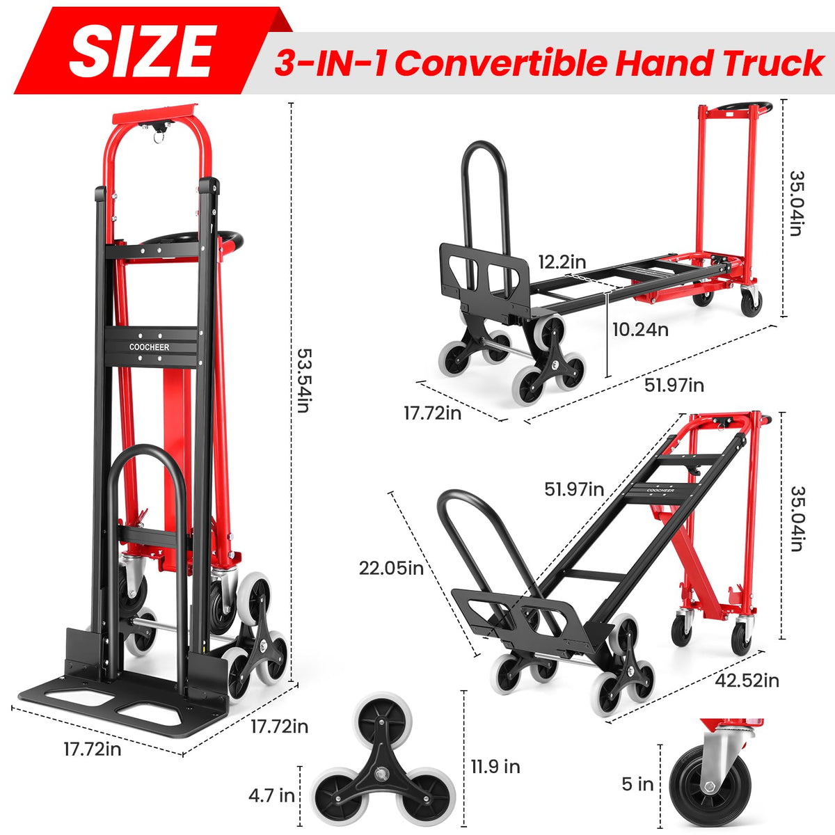 Heavy Duty 1000LBS 3 in 1 Convertible Folding Hand Truck Dolly Cart with Solid Wheels Z323441