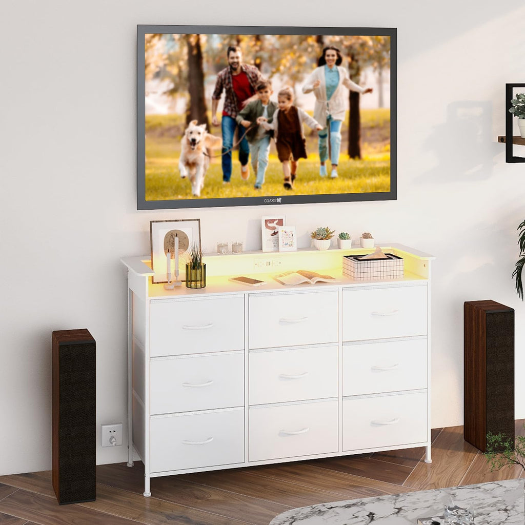 White 9 Drawer Dresser with LED Light and Charging Station T1698