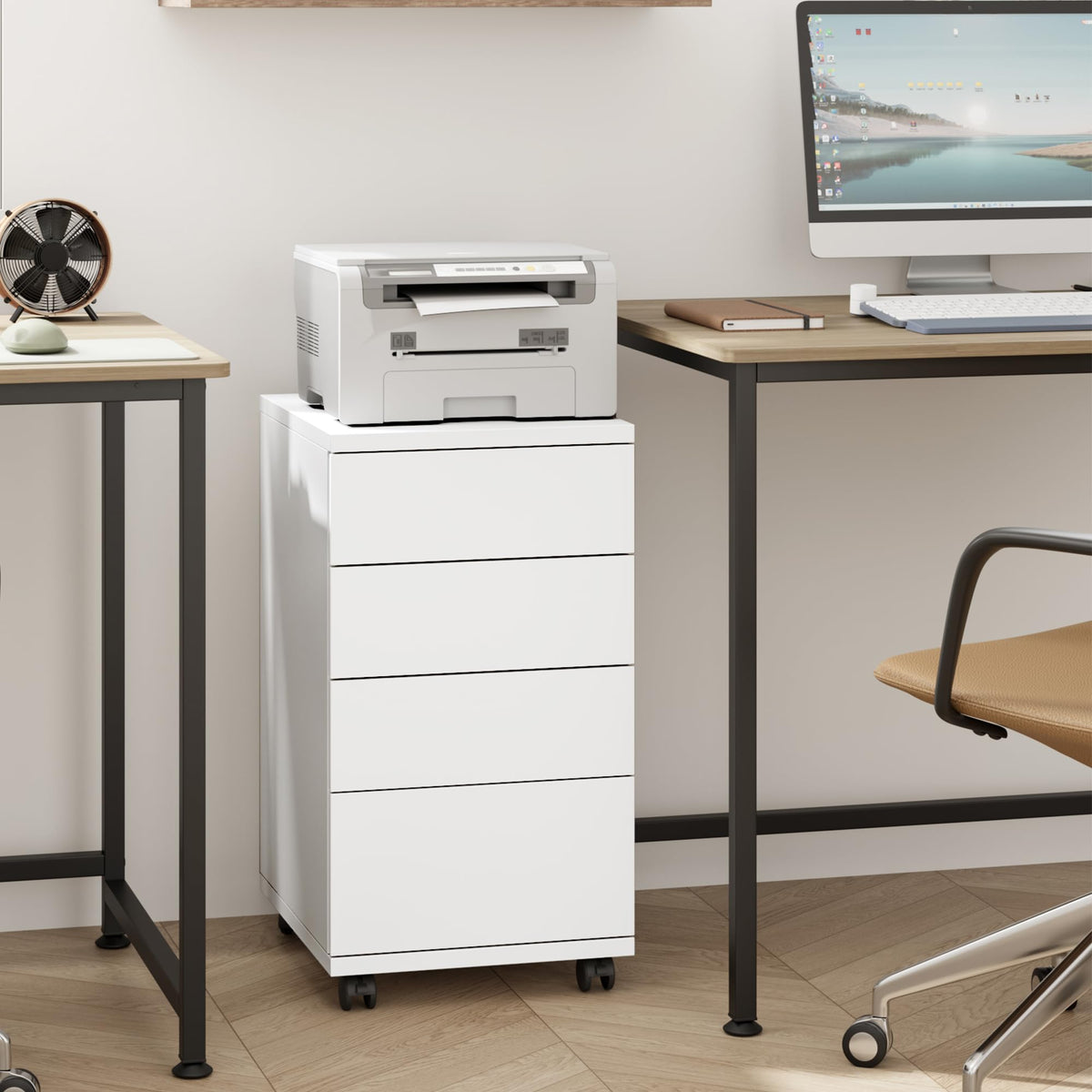 White 4 Drawer Wood Storage Cabinet with Wheels F74508