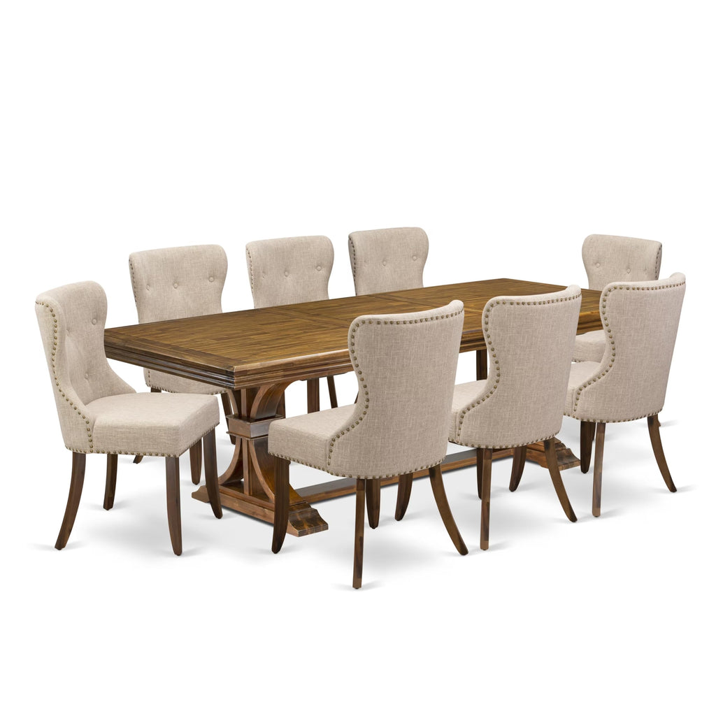 9-piece Dining Table Set with 8 Light Tan Linen Fabric Chairs L371