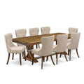 9-piece Dining Table Set with 8 Light Tan Linen Fabric Chairs L371