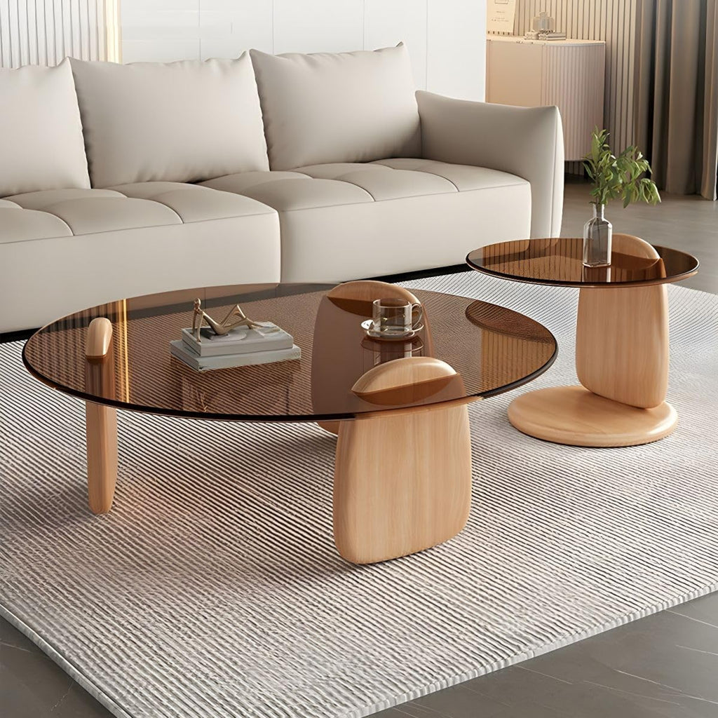Nesting Coffee Table Set of 2 Glass Round Top Wood Legs L27376